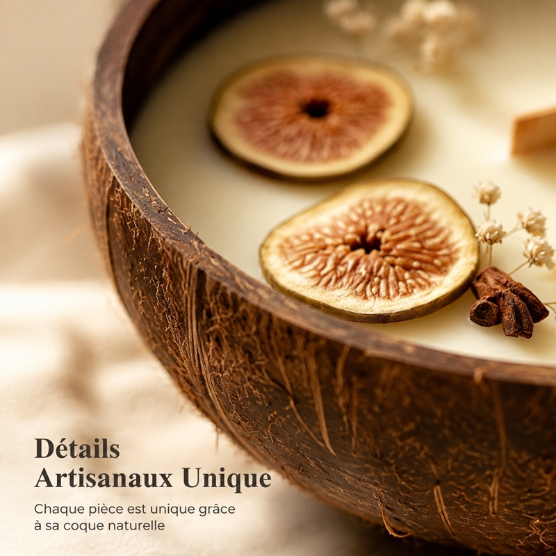 Bougie Parfumée Artisanale en Coque de Coco Parfum Figue et Basilic, Cire de Soja Naturelle Mèche en Bois Crépitante, Décoration Noël Écologique Sûre pour Bébés et Animaux