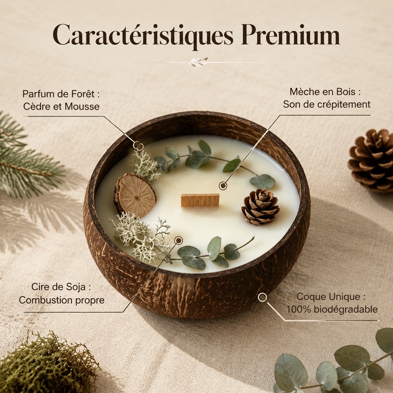 Handmade Coconut Shell Soy Candle, Cedar & Moss Forest Scent Crackling Wooden Wick Candle, Natural Dried Pinecone Eucalyptus Eco Christmas Candle Safe for Baby & Pets