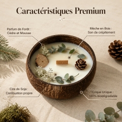 Handmade Coconut Shell Soy Candle, Cedar & Moss Forest Scent Crackling Wooden Wick Candle, Natural Dried Pinecone Eucalyptus Eco Christmas Candle Safe for Baby & Pets
