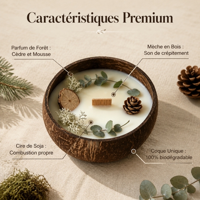 Handmade Coconut Shell Soy Candle, Cedar & Moss Forest Scent Crackling Wooden Wick Candle, Natural Dried Pinecone Eucalyptus Eco Christmas Candle Safe for Baby & Pets