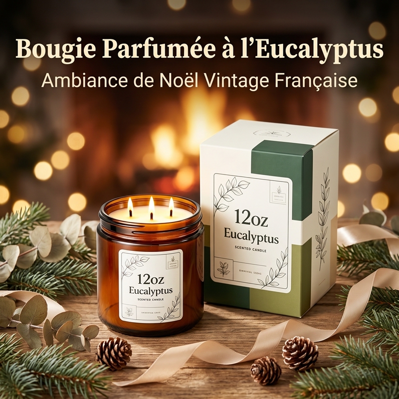 Bougie Parfumée à l’Eucalyptus 12oz, Bougie 3 Mèches en Pot Ambré, Parfum d’ambiance longue durée pour Chambre Salon Bureau, Coffret Cadeau Luxe Noël & Anniversaire