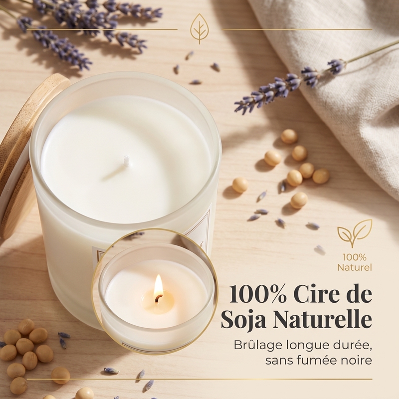 Bougie Parfumée Lavande Apaisante, Bougie en Verre Givré 200g Cire de Soja Naturelle avec Couvercle en Bois, Parfum Lavande Cèdre Musc Doux Aromathérapie, Coffret Luxe Idéal Cadeau Noël et Panier Cadeau