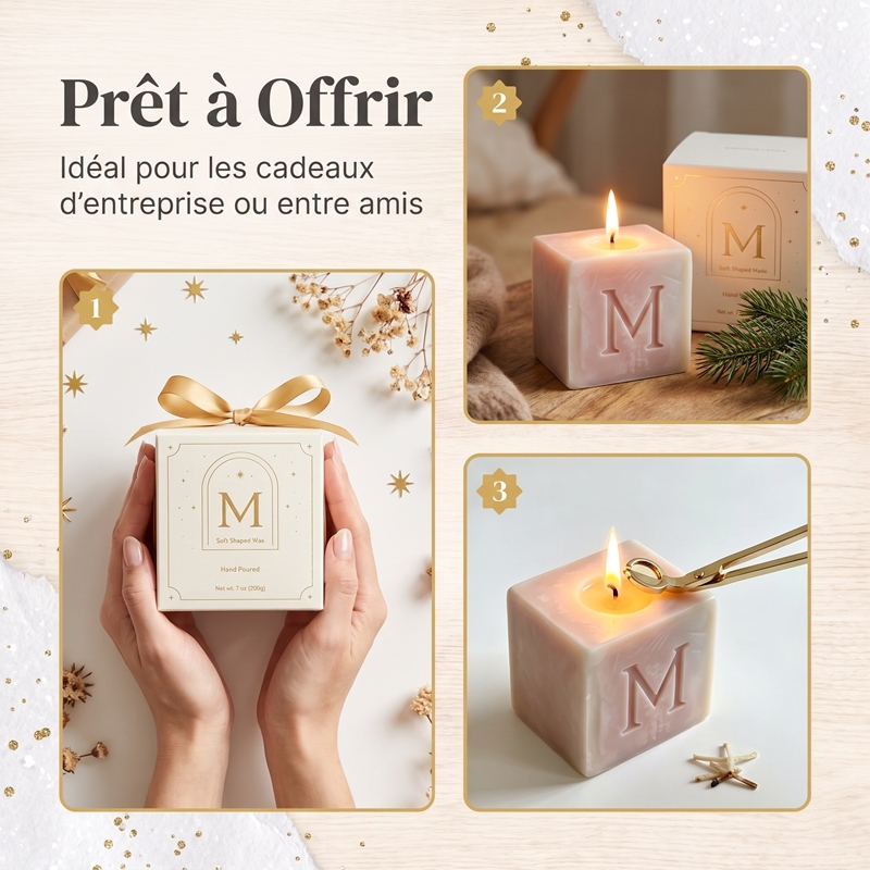 Bougie Parfumée Cube Lettre M Personnalisée Cire de Soja Naturelle Coulée à la Main Texture Marbrée, Parfum Vanille & Sapin, Coffret Cadeau Luxe Doré, Déco Noël Personnalisé, Cadeau d’entreprise et Amis pour Chambre et Table