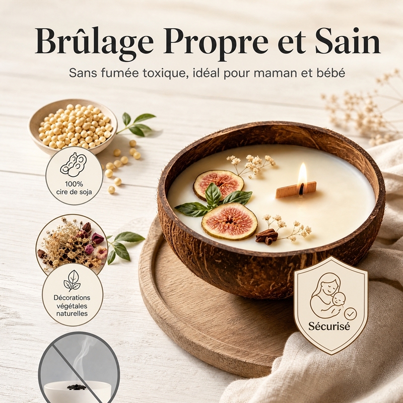 Bougie Parfumée Artisanale en Coque de Coco Parfum Figue et Basilic, Cire de Soja Naturelle Mèche en Bois Crépitante, Décoration Noël Écologique Sûre pour Bébés et Animaux