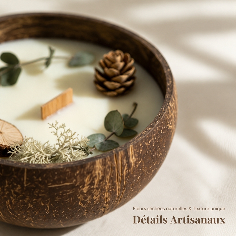 Handmade Coconut Shell Soy Candle, Cedar & Moss Forest Scent Crackling Wooden Wick Candle, Natural Dried Pinecone Eucalyptus Eco Christmas Candle Safe for Baby & Pets