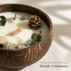 Handmade Coconut Shell Soy Candle, Cedar & Moss Forest Scent Crackling Wooden Wick Candle, Natural Dried Pinecone Eucalyptus Eco Christmas Candle Safe for Baby & Pets