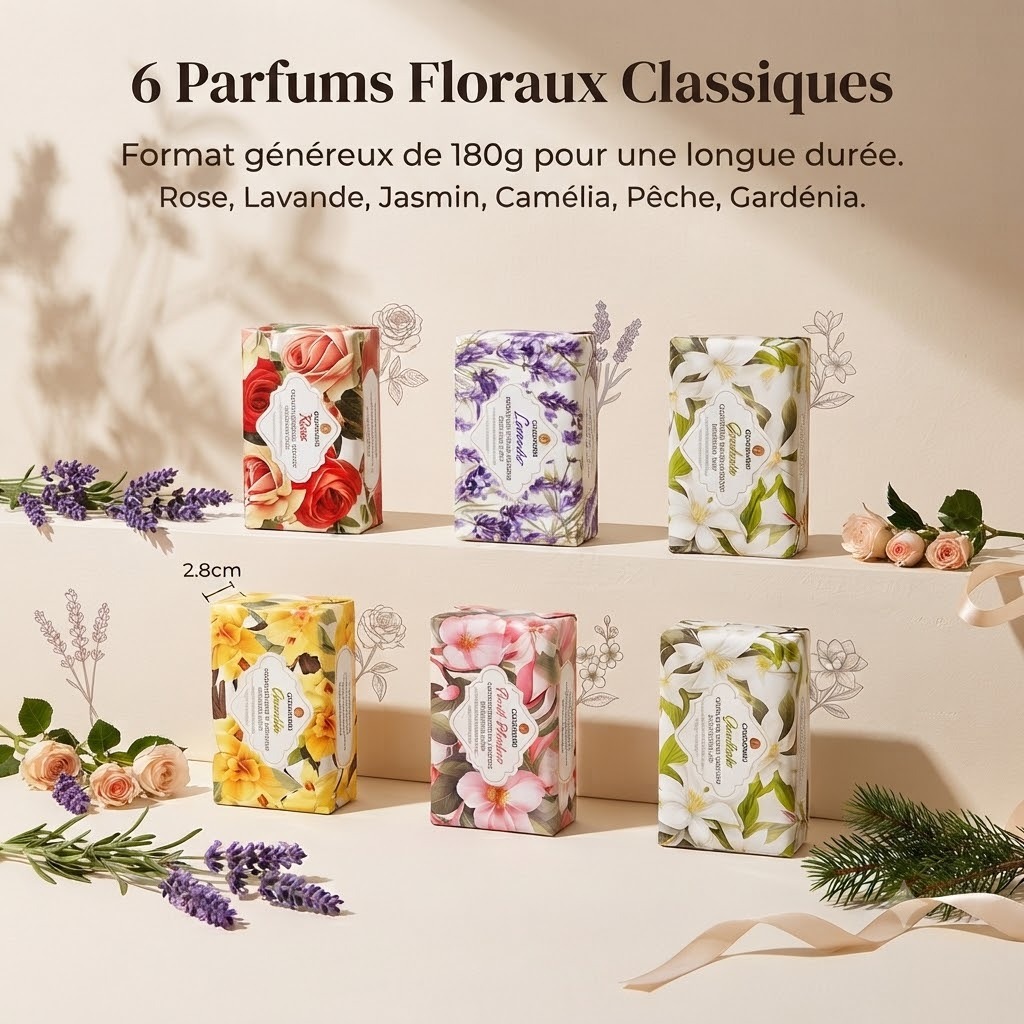 CG-MS-180 COCOAIMEE Marseille Scented Soap Gift Set, 6×180g Floral Natural Plant‑Based Soap for Body Face Hand, Gentle for Sensitive Skin Christmas Gift Box