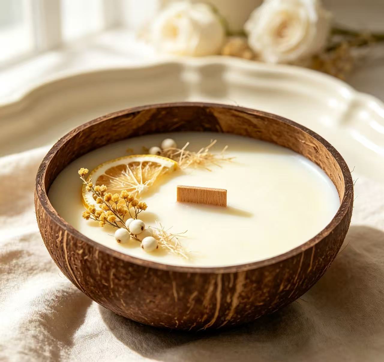 Handmade Coconut Shell Soy Candle, Honey Mimosa Scent Crackling Wooden Wick Scented Candle, Natural Dried Flower Eco Friendly Christmas Gift Safe for Baby & Pet