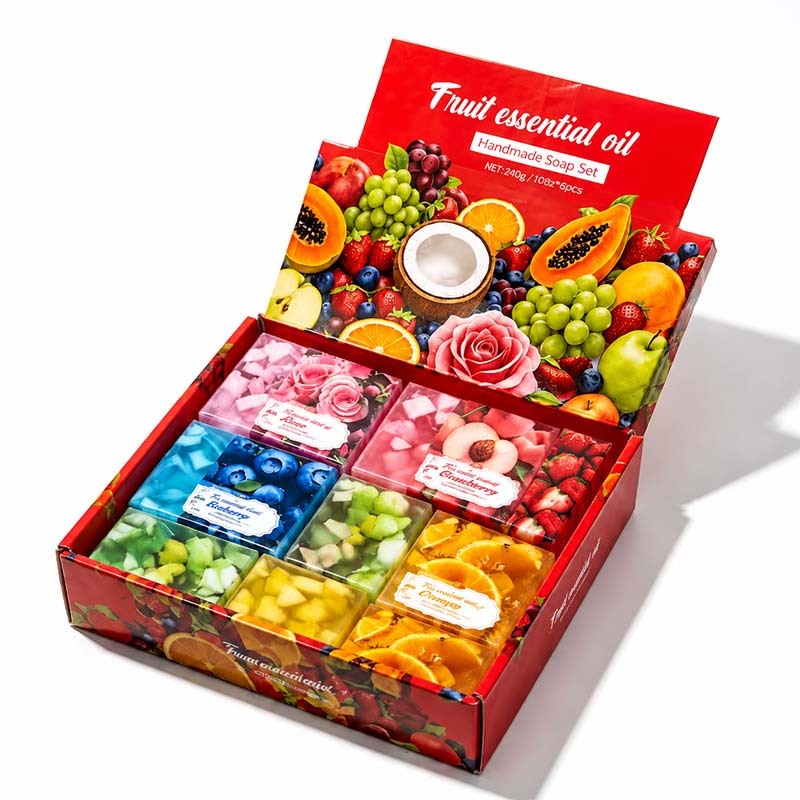 FF-JL-200 Fruit Essential Oil Handmade Soap Gift Set, 12 Bars 6 Fruit Scents, Face & Body Cleansing Soap Bars, Christmas Holiday Gift Set