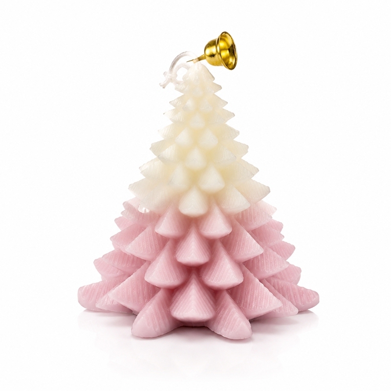 Bougie aromathérapie sapin 3D dégradé rose crème artisanale, cire de soja naturelle sans fumée parfum floral fruité, décoration table Noël avec clochette dorée et coffret cadeau