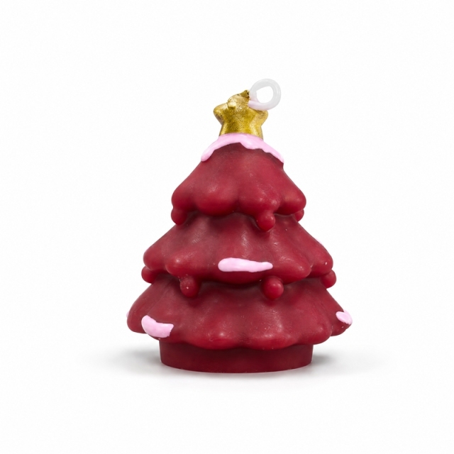 Handmade Retro Burgundy Snowy Xmas Tree Aromatherapy Candle, Natural Smokeless Soy Wax Cedar Cinnamon Winter Fragrance, Golden Star Topper Festive Table Ornament Holiday Gift
