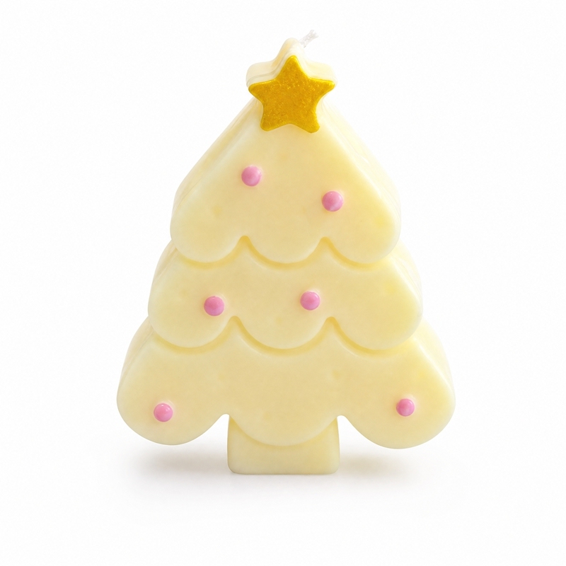 Bougie aromathérapie sapin de Noël macaron jaune crème artisanale, cire de soja naturelle sans fumée parfum vanille lactée douce, déco ins avec étoile dorée et perles roses, coffret rose cadeau de Noël