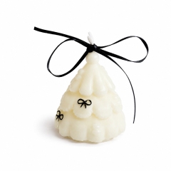 Hand Painted Black Bow Cream White Cloud 3D Xmas Tree Scented Candle, Smokeless Natural Soy Wax Cedar & Amber Woody Fragrance, Elegant Ins Style Table Decor, Hangable Christmas Tree Ornament Luxury Holiday Gift Box