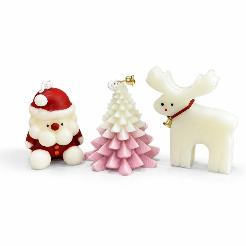 Coffret de 3 bougies parfumées artisanales style crème français, modèles Père Noël, sapin dégradé rose et renne, cire de soja naturelle sans fumée parfum cèdre vanille cannelle, ornements suspendus pour sapin, coffret cadeau complet veille de Noël
