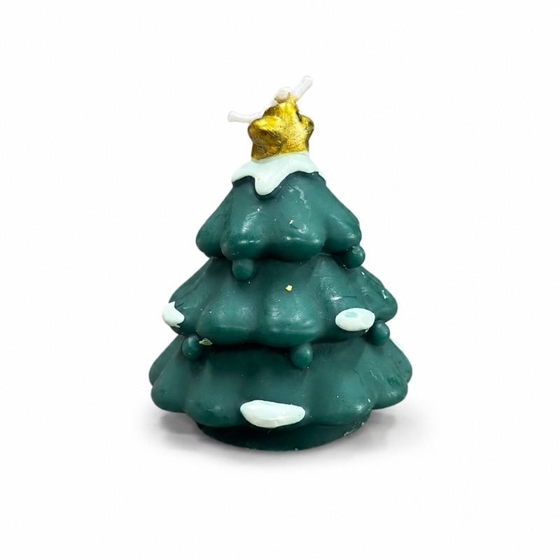 Bougie artisanale sapin de Noël vert foncé avec étoile à paillettes dorées, cire de soja naturelle sans fumée parfum apaisant au sapin, sculpture imitation neige déco de table, ornement suspendu sapin, coffret cadeau ambiance veille de Noël