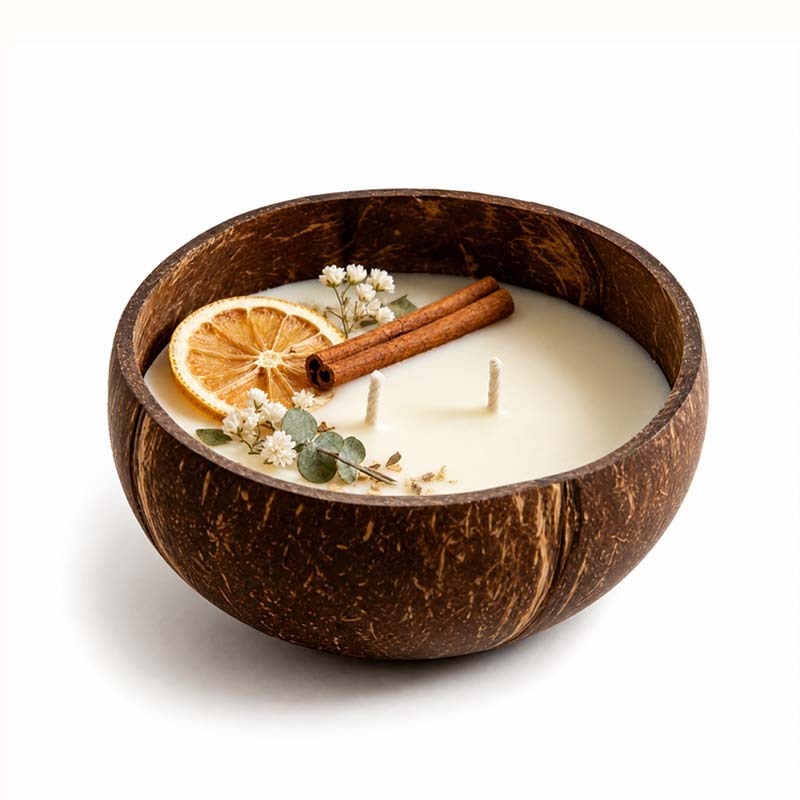 Bougie aromathérapie artisanale à double mèche en coton, coque de noix de coco cire de soja naturelle décorée orange séchée eucalyptus et fleurs, combustion propre sans fumée, parfum d’hiver cadeau décoration Noël