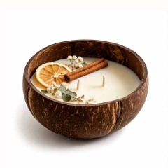 Bougie aromathérapie artisanale à double mèche en coton, coque de noix de coco cire de soja naturelle décorée orange séchée eucalyptus et fleurs, combustion propre sans fumée, parfum d’hiver cadeau décoration Noël