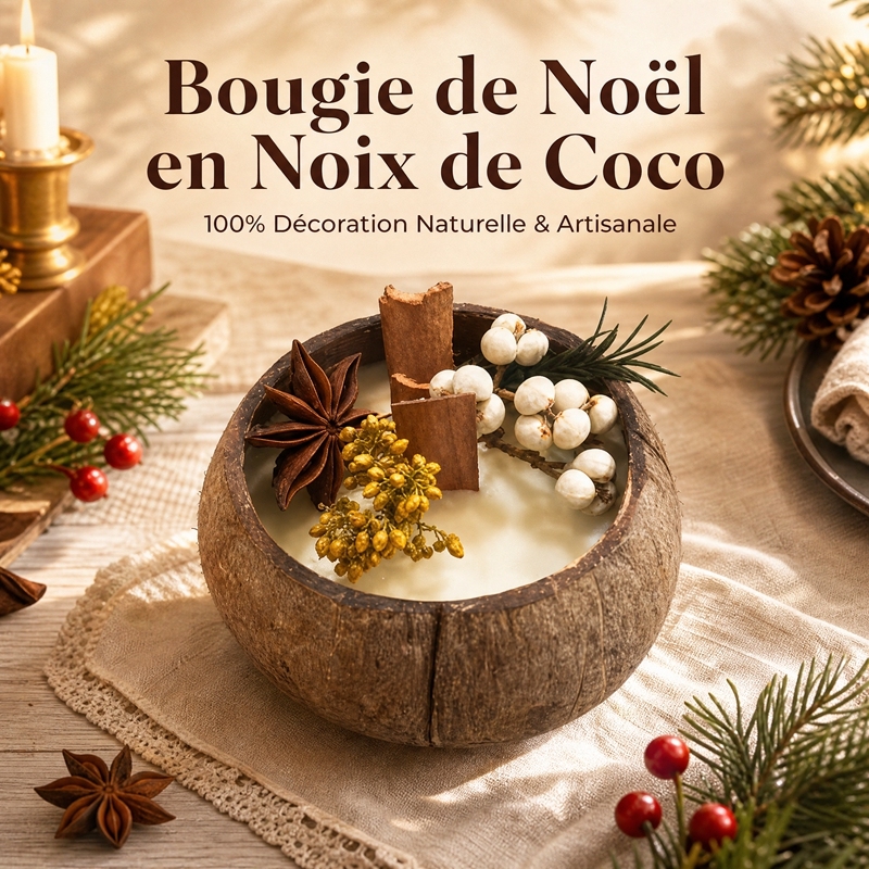 Bougie aromathérapie artisanale en coque de coco cire de soja naturelle décorée fleurs séchées cannelle anis sans toxique cadeau maison