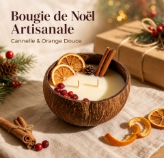 Bougie aromathérapie artisanale à deux mèches en coque de coco cire de soja naturelle, décorée d’oranges séchées et canneberges, sans fumée ni toxique, cadeau décoration de Noël