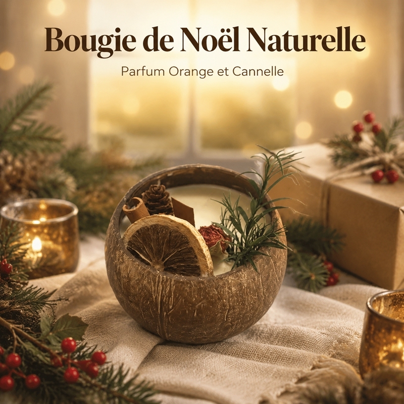 Bougie aromathérapie artisanale en coque de noix de coco cire de soja alimentaire décorée fruits et fleurs séchées, combustion sans fumée sans toxique, cadeau décoration hiver Noël