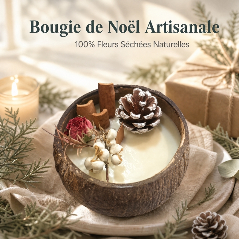 Handmade Natural Coconut Shell Aromatherapy Candle, Non-Toxic Smokeless Soy Wax with Dried Rose Cinnamon Pinecone Decor, Calming Lavender Scent Home Decor Christmas Gift
