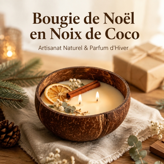 Bougie aromathérapie artisanale à double mèche en coton, coque de noix de coco cire de soja naturelle décorée orange séchée eucalyptus et fleurs, combustion propre sans fumée, parfum d’hiver cadeau décoration Noël