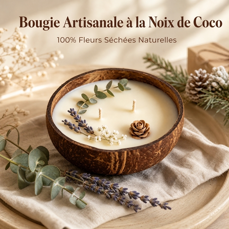 Handmade Double Cotton Wick Coconut Shell Aromatherapy Candle, 100% Natural Smokeless Soy Wax with Dried Lavender Eucalyptus Decor, Calming Wood Lavender Scent Home Decor Christmas Gift