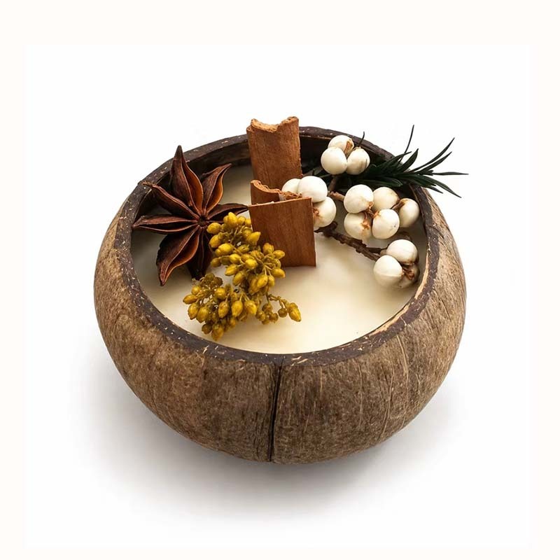 Bougie aromathérapie artisanale en coque de coco cire de soja naturelle décorée fleurs séchées cannelle anis sans toxique cadeau maison
