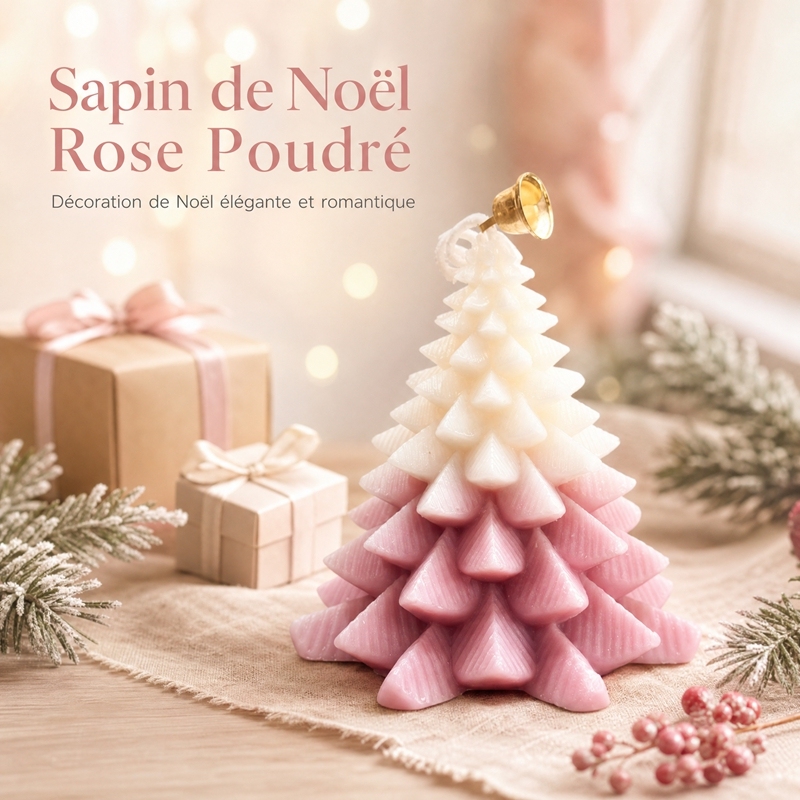 Bougie aromathérapie sapin 3D dégradé rose crème artisanale, cire de soja naturelle sans fumée parfum floral fruité, décoration table Noël avec clochette dorée et coffret cadeau