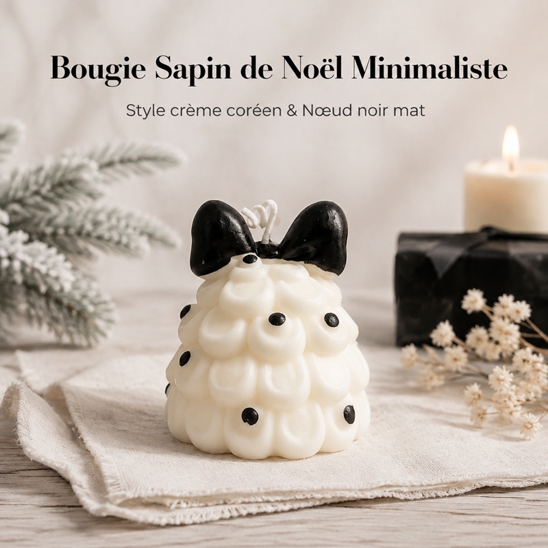 Bougie aromathérapie sapin de Noël à plis crème artisanale, cire de soja naturelle sans fumée parfum boisé lacté, décoration style ins avec nœud noir et pois cadeau de fête