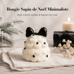 Bougie aromathérapie sapin de Noël à plis crème artisanale, cire de soja naturelle sans fumée parfum boisé lacté, décoration style ins avec nœud noir et pois cadeau de fête
