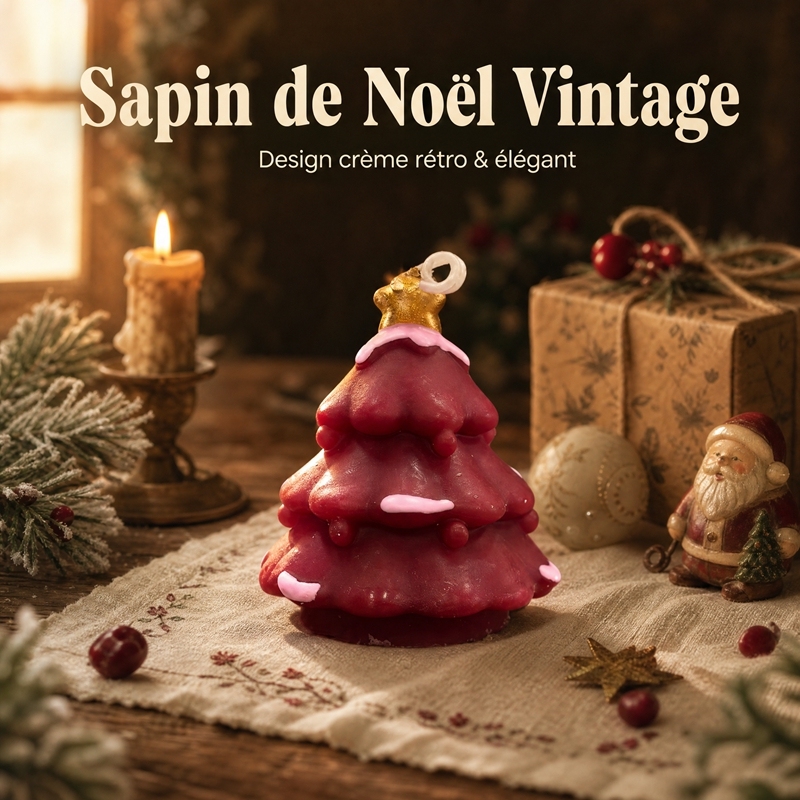 Handmade Retro Burgundy Snowy Xmas Tree Aromatherapy Candle, Natural Smokeless Soy Wax Cedar Cinnamon Winter Fragrance, Golden Star Topper Festive Table Ornament Holiday Gift