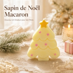 Bougie aromathérapie sapin de Noël macaron jaune crème artisanale, cire de soja naturelle sans fumée parfum vanille lactée douce, déco ins avec étoile dorée et perles roses, coffret rose cadeau de Noël
