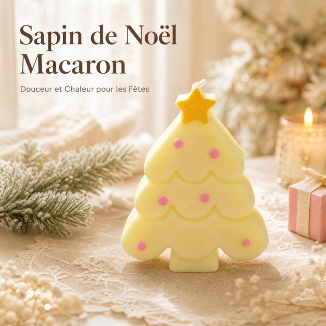 Bougie aromathérapie sapin de Noël macaron jaune crème artisanale, cire de soja naturelle sans fumée parfum vanille lactée douce, déco ins avec étoile dorée et perles roses, coffret rose cadeau de Noël