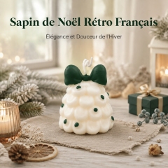 Bougie aromathérapie sapin de Noël en forme de nuage crème artisanale, cire de soja naturelle sans fumée parfum cèdre et vanille, décoration nœud vert foncé et points verts, déco maison style français doux cadeau de Noël
