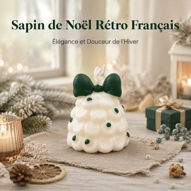 Bougie aromathérapie sapin de Noël en forme de nuage crème artisanale, cire de soja naturelle sans fumée parfum cèdre et vanille, décoration nœud vert foncé et points verts, déco maison style français doux cadeau de Noël