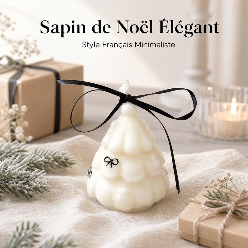 Hand Painted Black Bow Cream White Cloud 3D Xmas Tree Scented Candle, Smokeless Natural Soy Wax Cedar & Amber Woody Fragrance, Elegant Ins Style Table Decor, Hangable Christmas Tree Ornament Luxury Holiday Gift Box