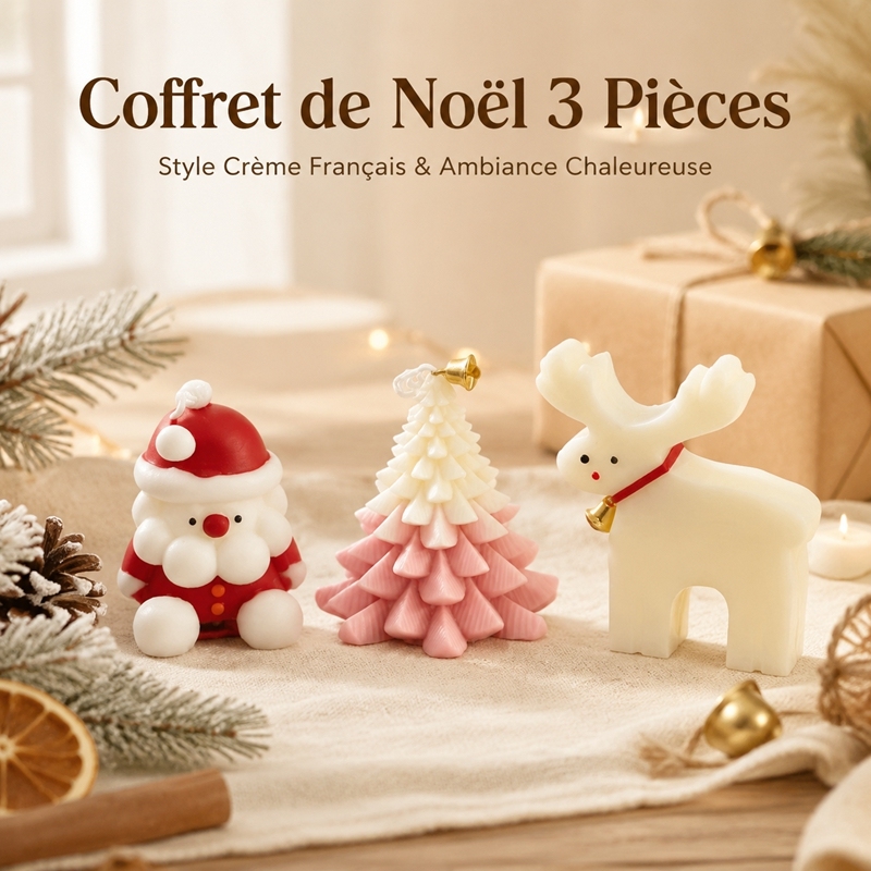 Coffret de 3 bougies parfumées artisanales style crème français, modèles Père Noël, sapin dégradé rose et renne, cire de soja naturelle sans fumée parfum cèdre vanille cannelle, ornements suspendus pour sapin, coffret cadeau complet veille de Noël