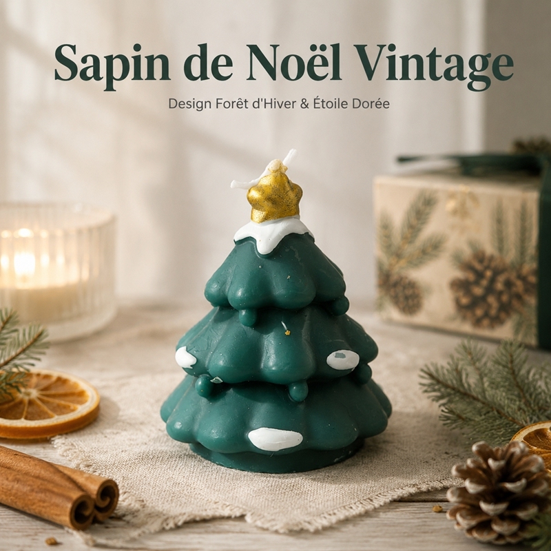 Bougie artisanale sapin de Noël vert foncé avec étoile à paillettes dorées, cire de soja naturelle sans fumée parfum apaisant au sapin, sculpture imitation neige déco de table, ornement suspendu sapin, coffret cadeau ambiance veille de Noël