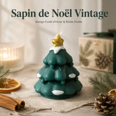 Bougie artisanale sapin de Noël vert foncé avec étoile à paillettes dorées, cire de soja naturelle sans fumée parfum apaisant au sapin, sculpture imitation neige déco de table, ornement suspendu sapin, coffret cadeau ambiance veille de Noël