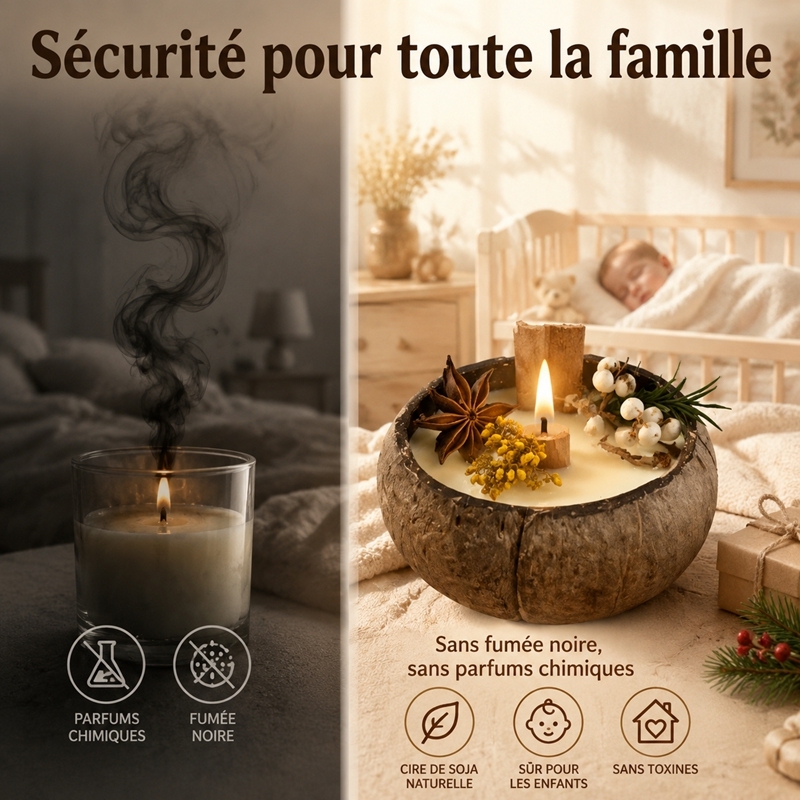 Bougie aromathérapie artisanale en coque de coco cire de soja naturelle décorée fleurs séchées cannelle anis sans toxique cadeau maison