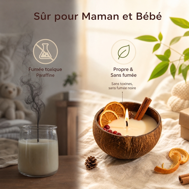 Bougie aromathérapie artisanale à deux mèches en coque de coco cire de soja naturelle, décorée d’oranges séchées et canneberges, sans fumée ni toxique, cadeau décoration de Noël