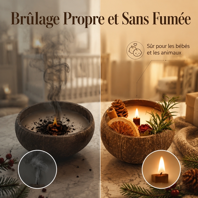 Bougie aromathérapie artisanale en coque de noix de coco cire de soja alimentaire décorée fruits et fleurs séchées, combustion sans fumée sans toxique, cadeau décoration hiver Noël