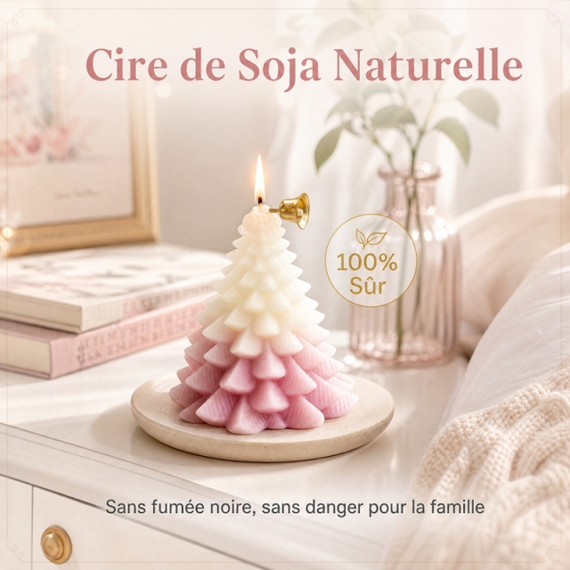 Bougie aromathérapie sapin 3D dégradé rose crème artisanale, cire de soja naturelle sans fumée parfum floral fruité, décoration table Noël avec clochette dorée et coffret cadeau