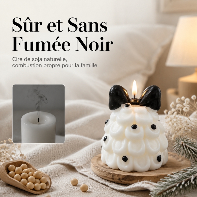 Bougie aromathérapie sapin de Noël à plis crème artisanale, cire de soja naturelle sans fumée parfum boisé lacté, décoration style ins avec nœud noir et pois cadeau de fête
