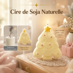 Bougie aromathérapie sapin de Noël macaron jaune crème artisanale, cire de soja naturelle sans fumée parfum vanille lactée douce, déco ins avec étoile dorée et perles roses, coffret rose cadeau de Noël