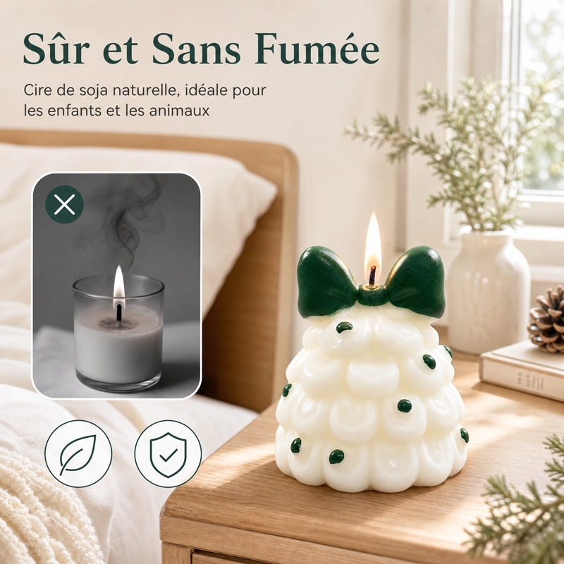 Bougie aromathérapie sapin de Noël en forme de nuage crème artisanale, cire de soja naturelle sans fumée parfum cèdre et vanille, décoration nœud vert foncé et points verts, déco maison style français doux cadeau de Noël