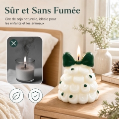 Bougie aromathérapie sapin de Noël en forme de nuage crème artisanale, cire de soja naturelle sans fumée parfum cèdre et vanille, décoration nœud vert foncé et points verts, déco maison style français doux cadeau de Noël