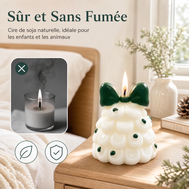 Bougie aromathérapie sapin de Noël en forme de nuage crème artisanale, cire de soja naturelle sans fumée parfum cèdre et vanille, décoration nœud vert foncé et points verts, déco maison style français doux cadeau de Noël