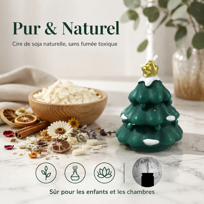 Bougie artisanale sapin de Noël vert foncé avec étoile à paillettes dorées, cire de soja naturelle sans fumée parfum apaisant au sapin, sculpture imitation neige déco de table, ornement suspendu sapin, coffret cadeau ambiance veille de Noël